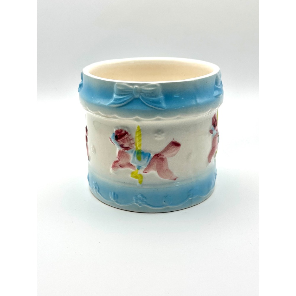Vintage Carousel Horse Ceramic Planter Nursery Jar Blue‎ Bow Made in Japan 3.5"